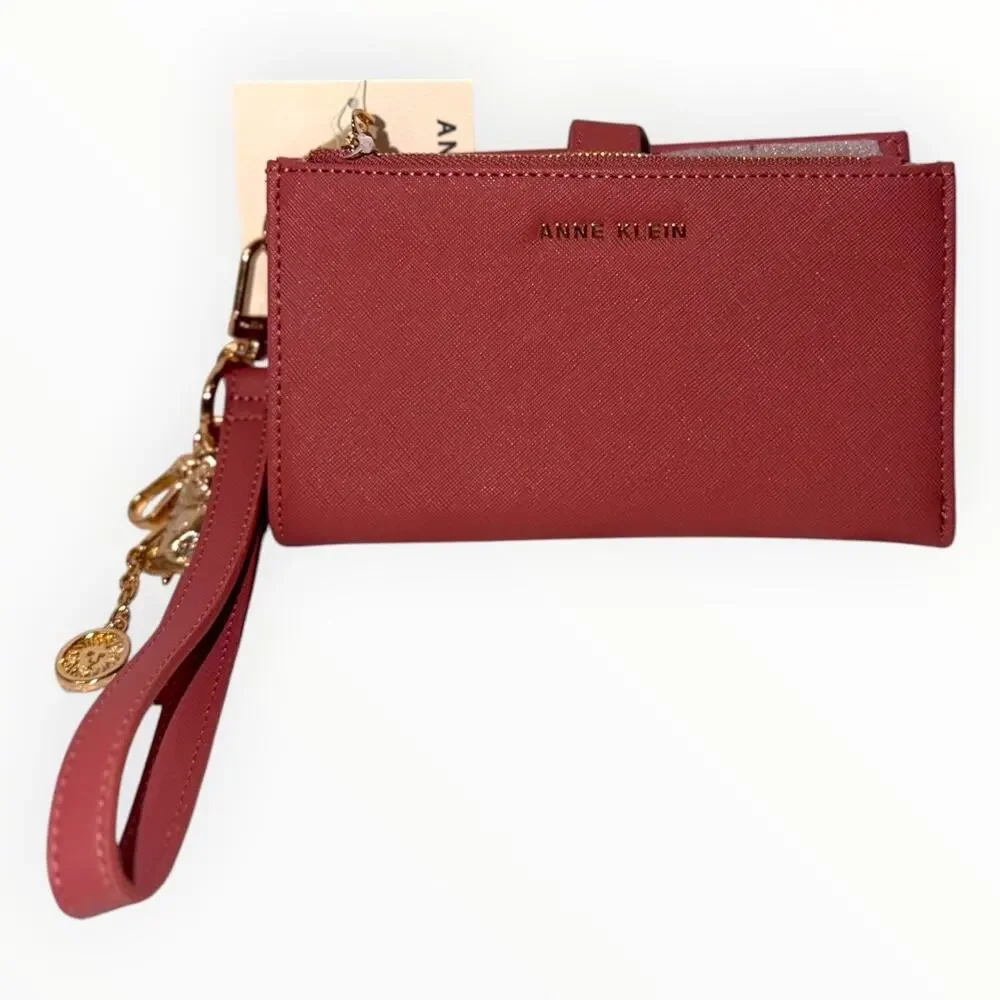 Anne Klein Pink Wallet Wristlet Bifold Phone Pocket Charm Zip Pocket NWT AKW1688